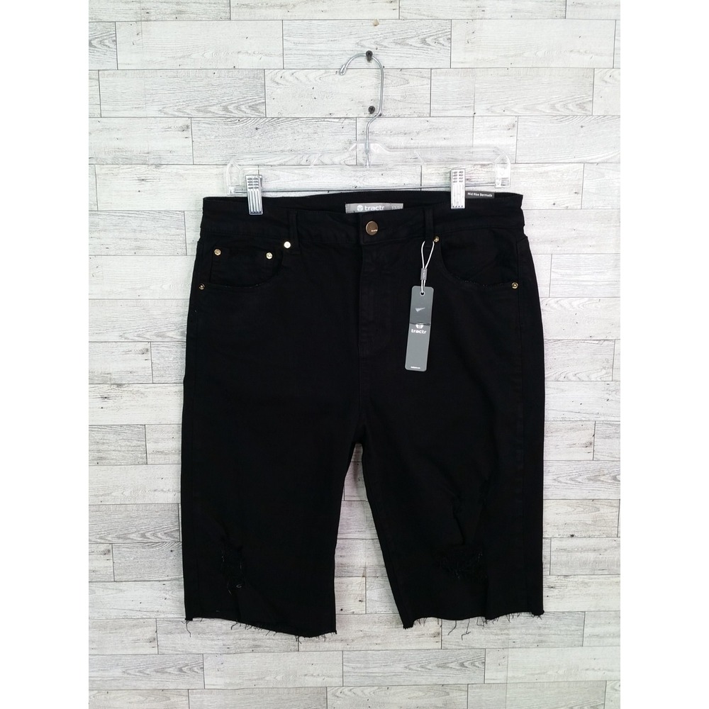 Women's Tractr Bermuda‎ Shorts Black Mid Rise Distressed Raw Hem Slim Fit 12/31